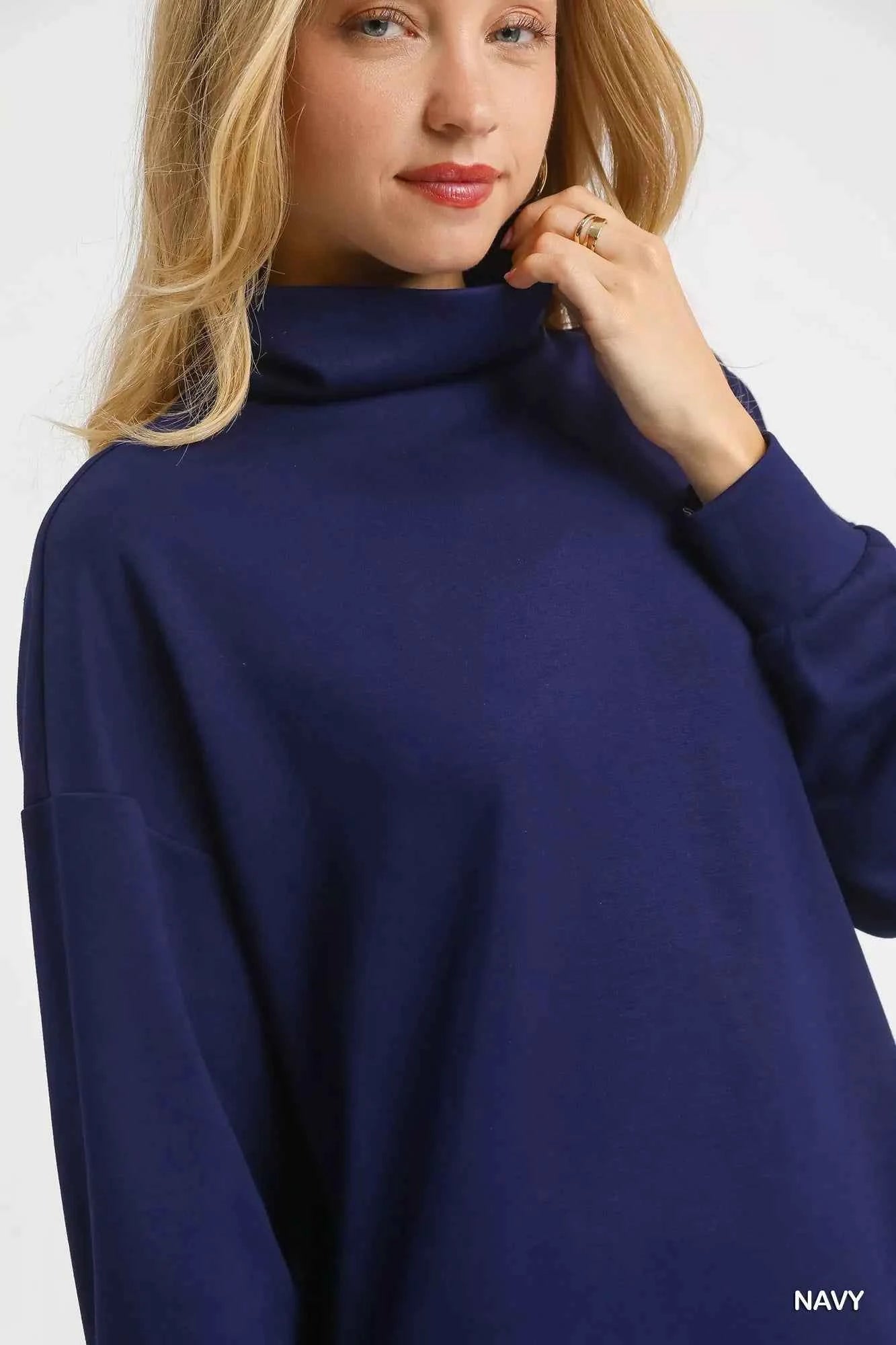 Umgee Turtle Neck Dolman Sleeve Side Slit Sweater with Contrast Detail
