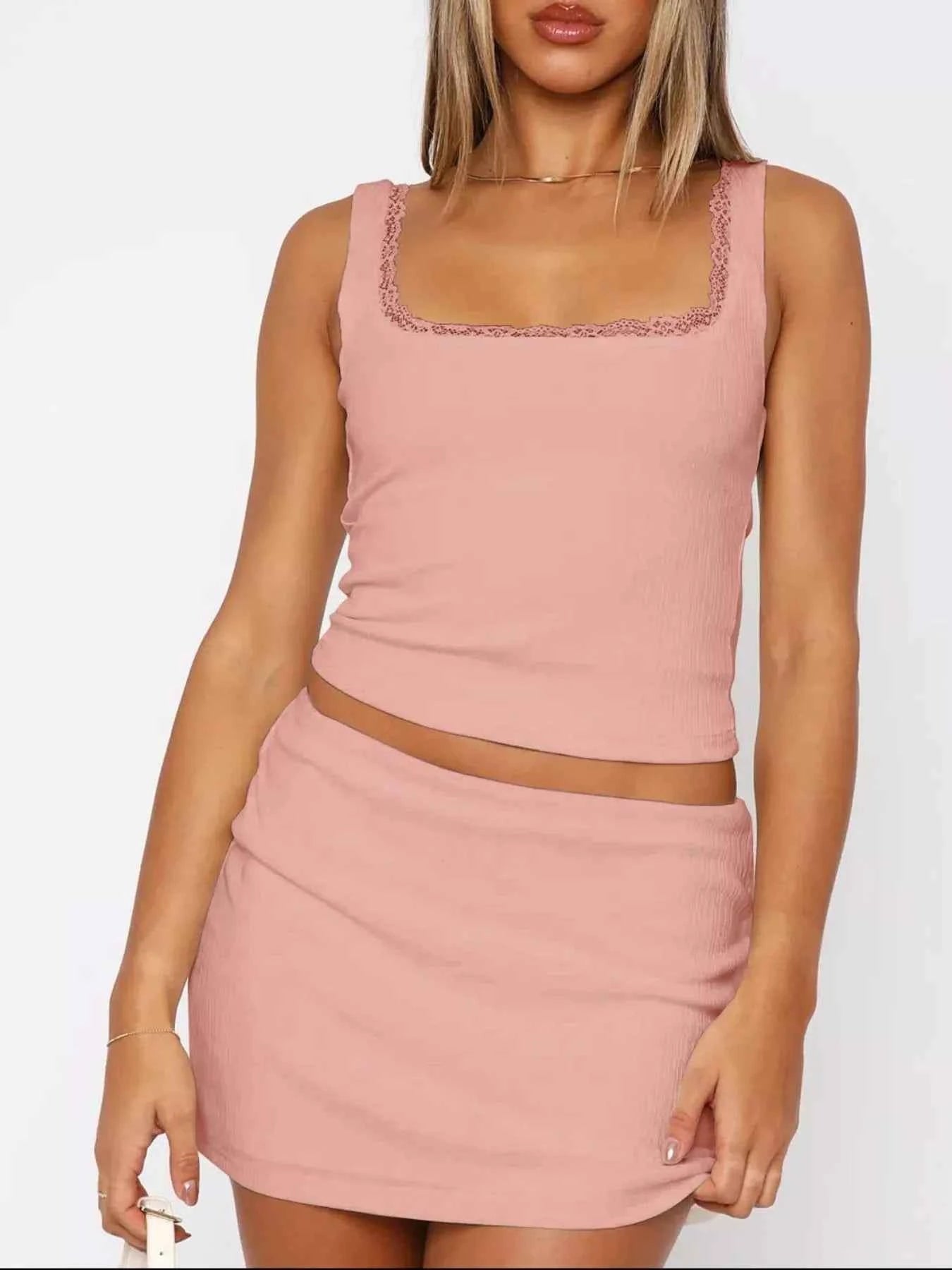 Lace Detail Square Neck Tank and Skirt Set