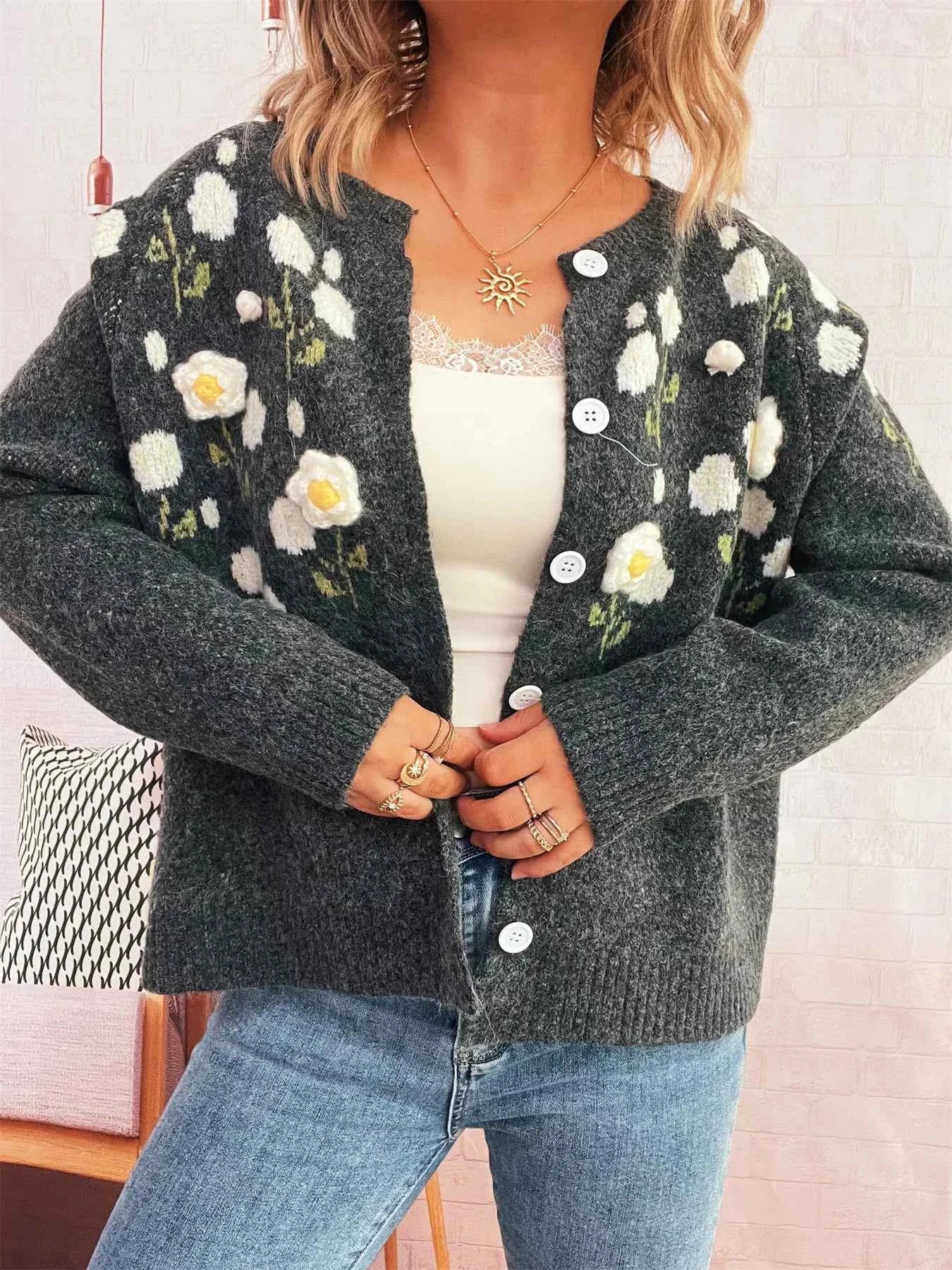 Flower Button Up Long Sleeve Cardigan