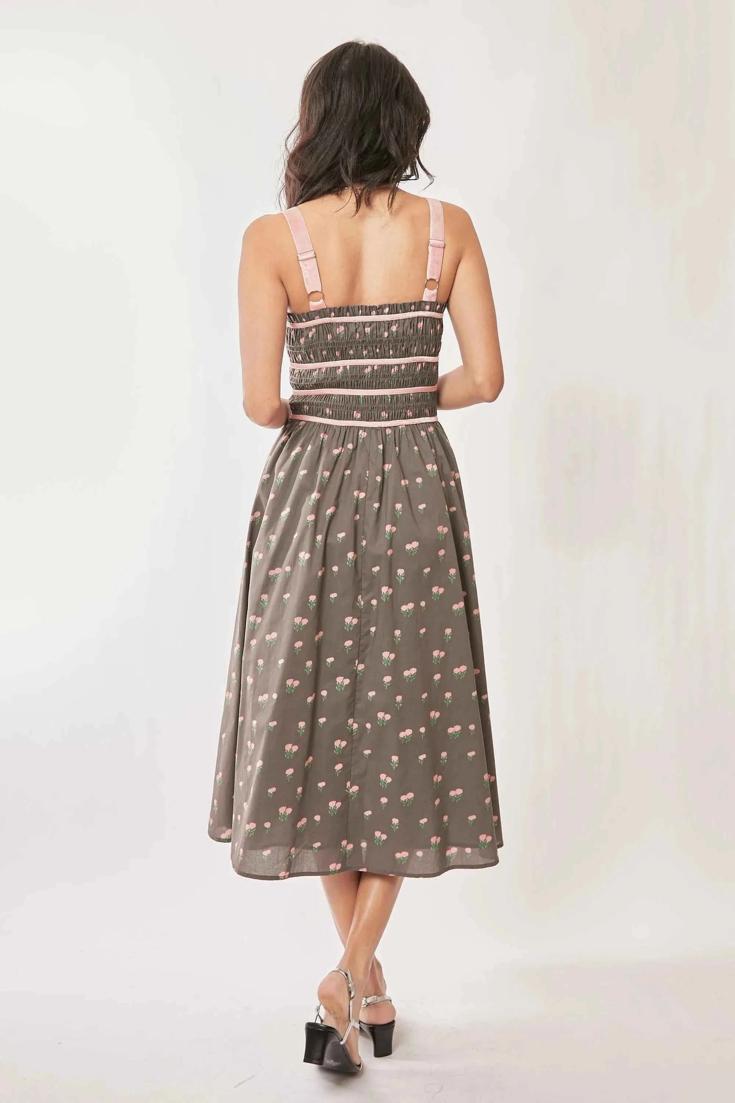 Davi & Dani Contrast Velvet Tape Smocking Bodice Midi Dress