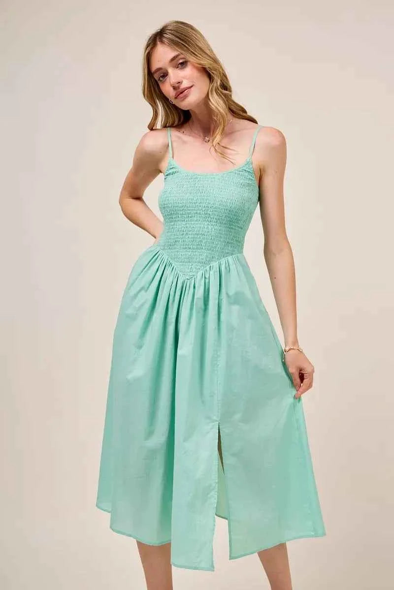 SO ME Smocked Sleeveless Casual Everyday Dress With Slit