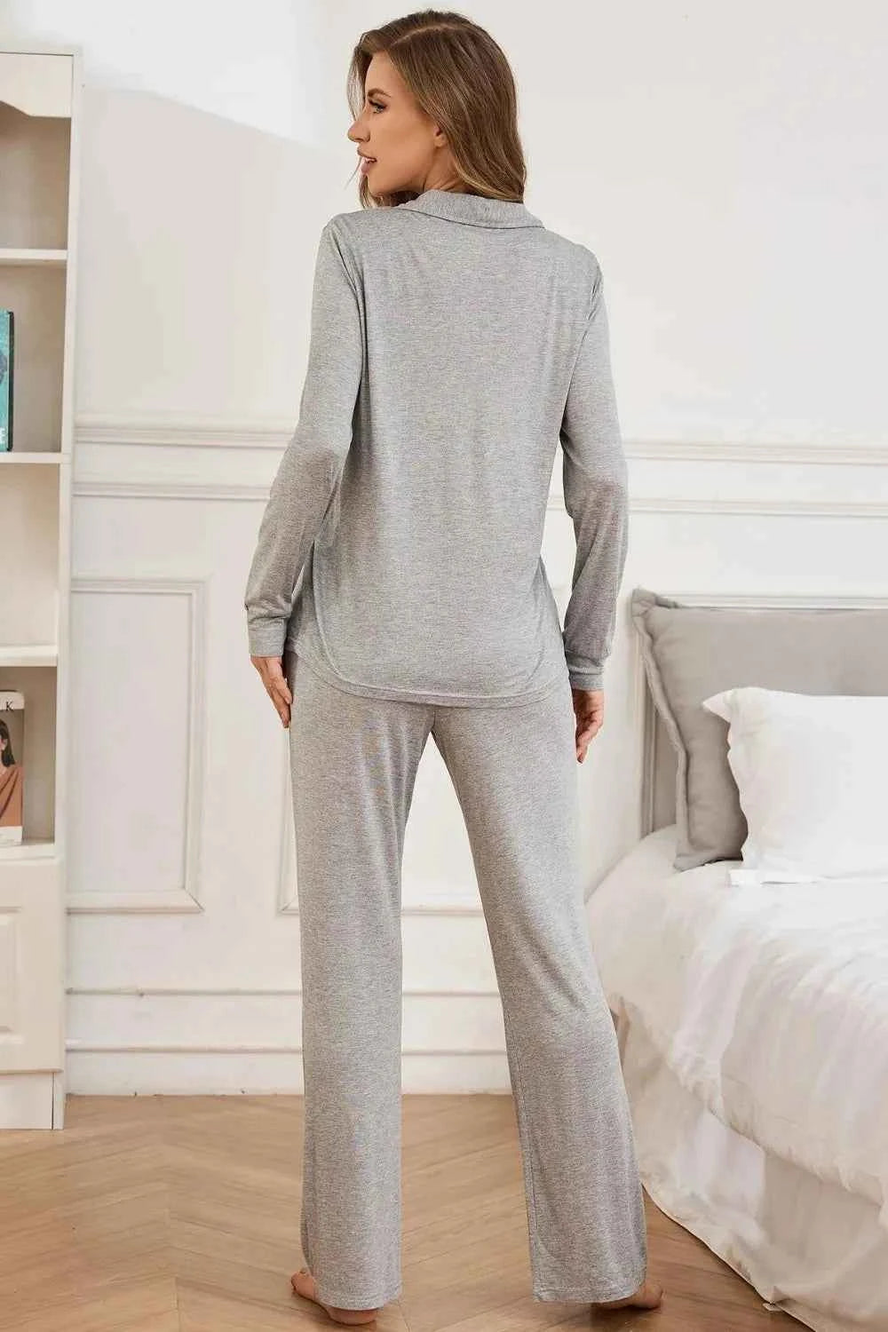 Button Up Long Sleeve Top and Pants Lounge Set