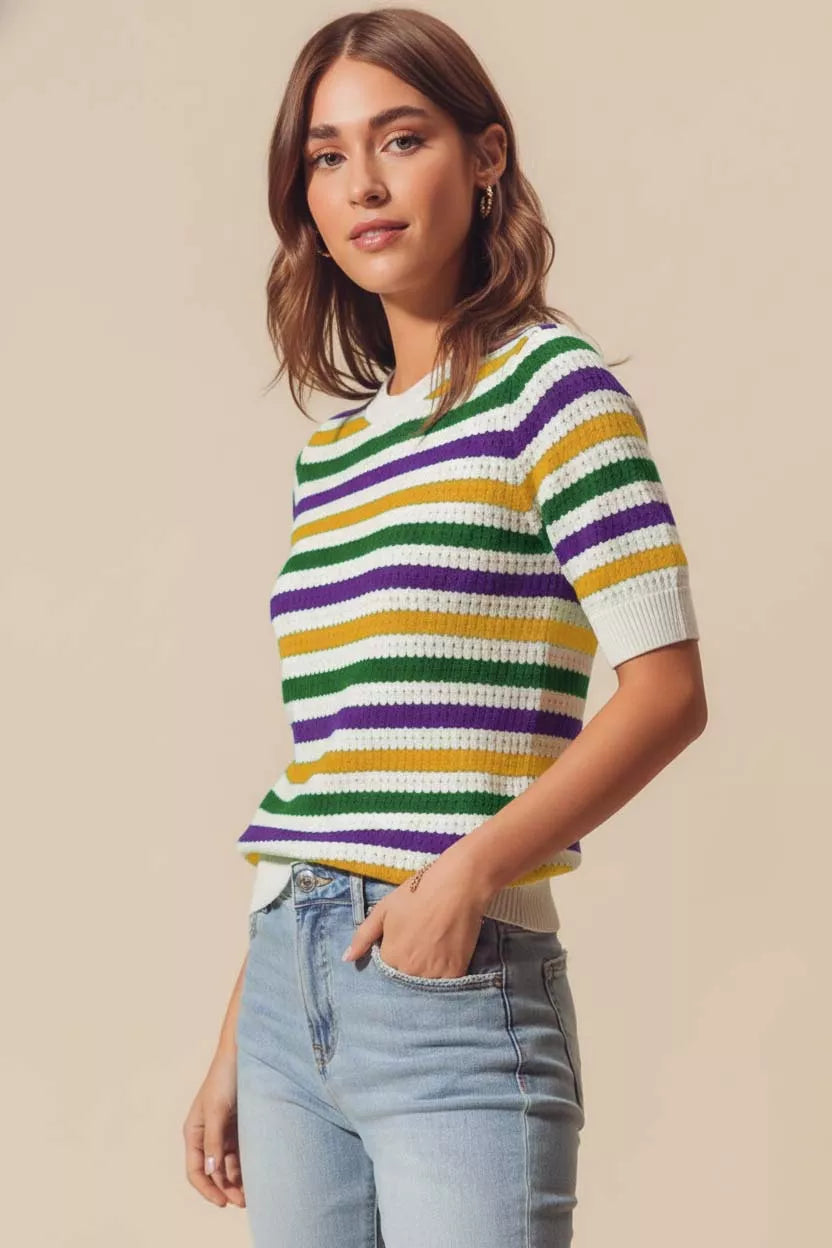 SO ME Mardi Gras Crew Neck Stripe Breathable Sweater