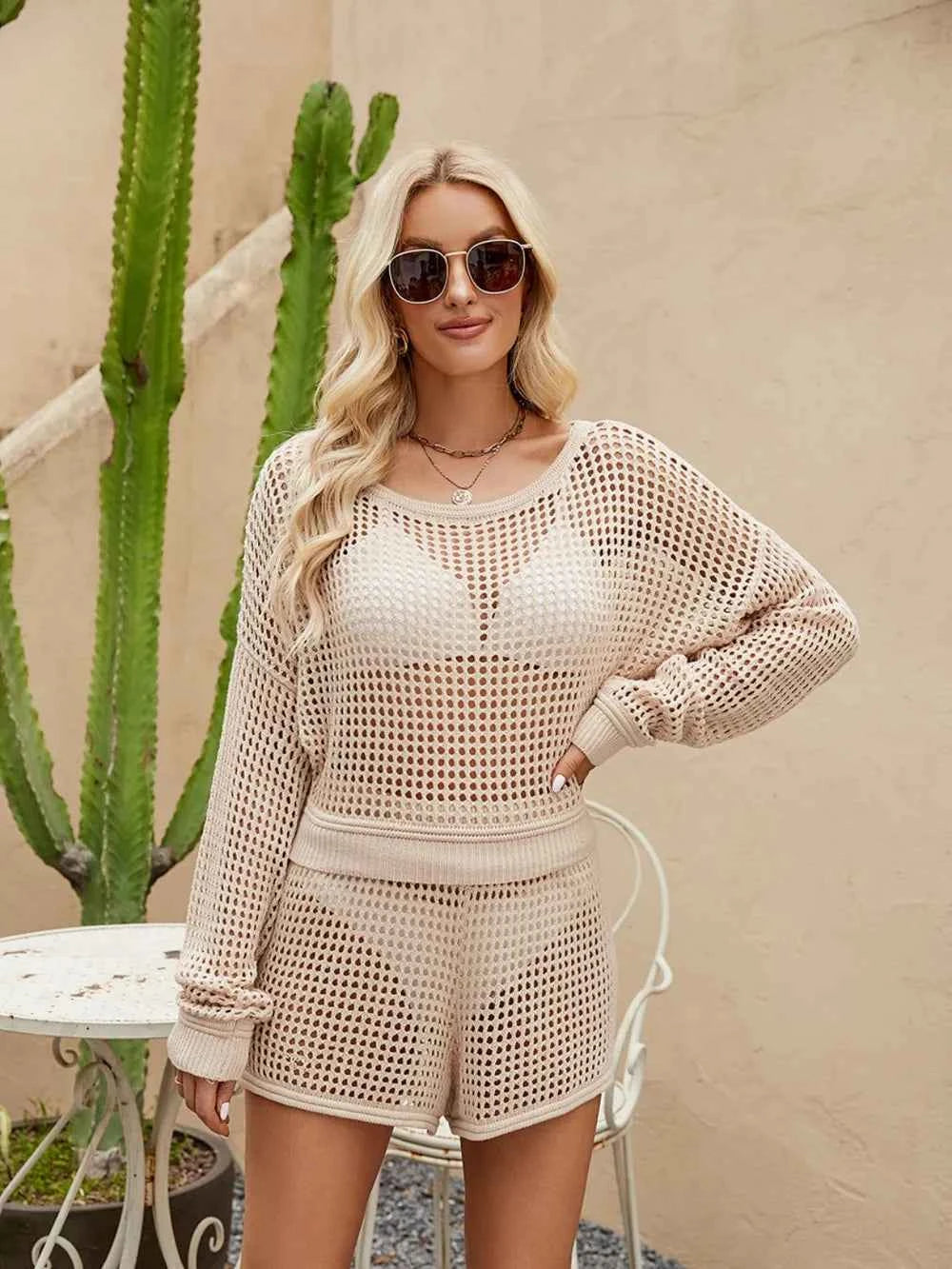 Openwork Round Neck Top and Shorts Cover Up Set