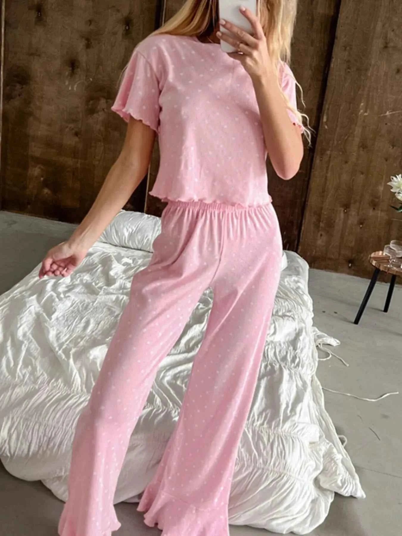 Polka Dot Round Neck Top and Pants Lounge Set