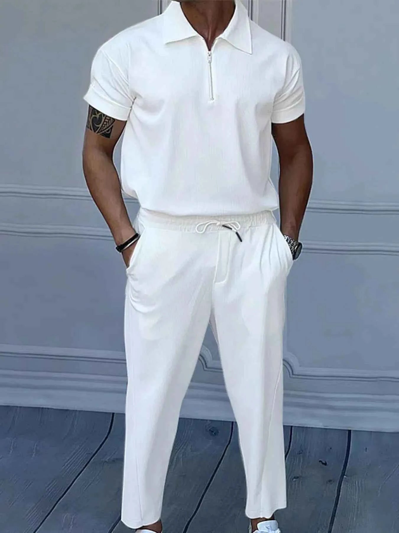 Men's Full Size Quarter Zip Short Sleeve Polo and Pants Set Plus Size