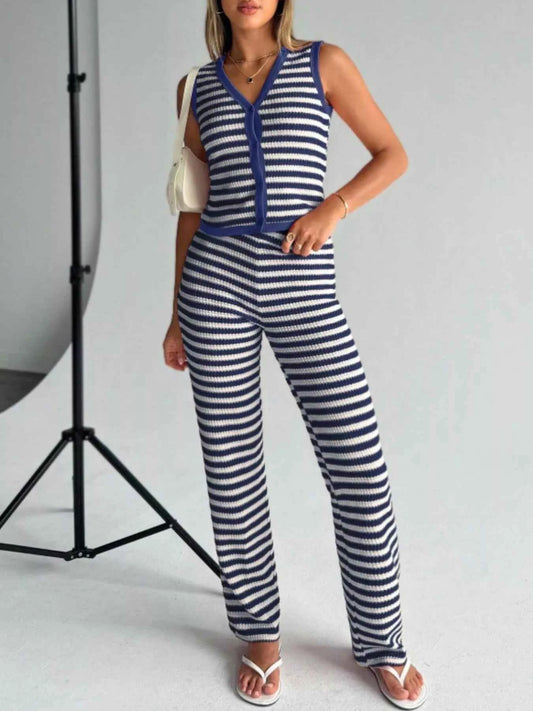 Striped Knit V-Neck Button-Up Sleeveless Top and Flare Pants Set