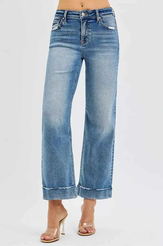 RISEN Full Size Mid Rise Crop Straight Jeans with Taylor Cuffed Plus Size