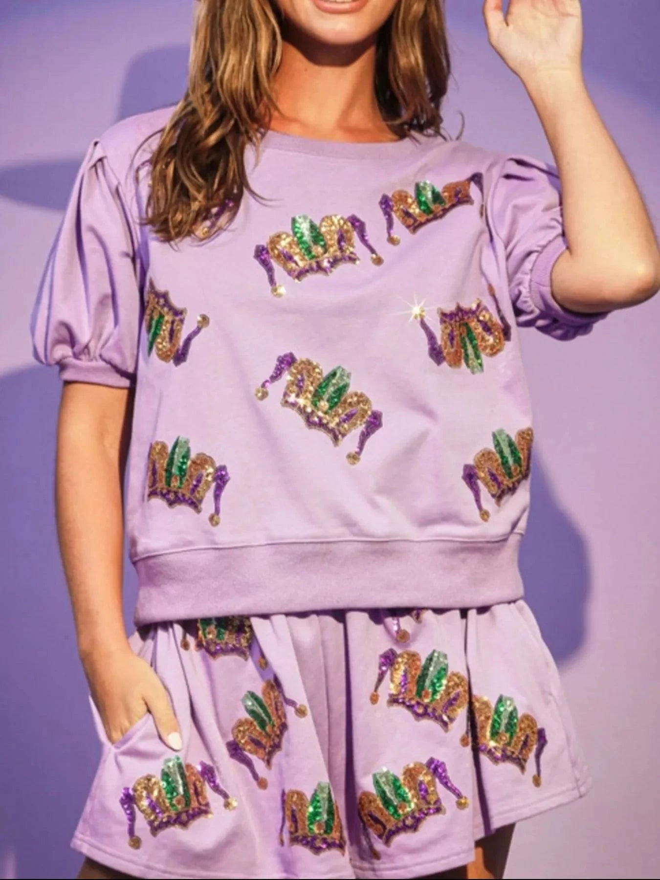 Sequin Round Neck Top and Shorts Set