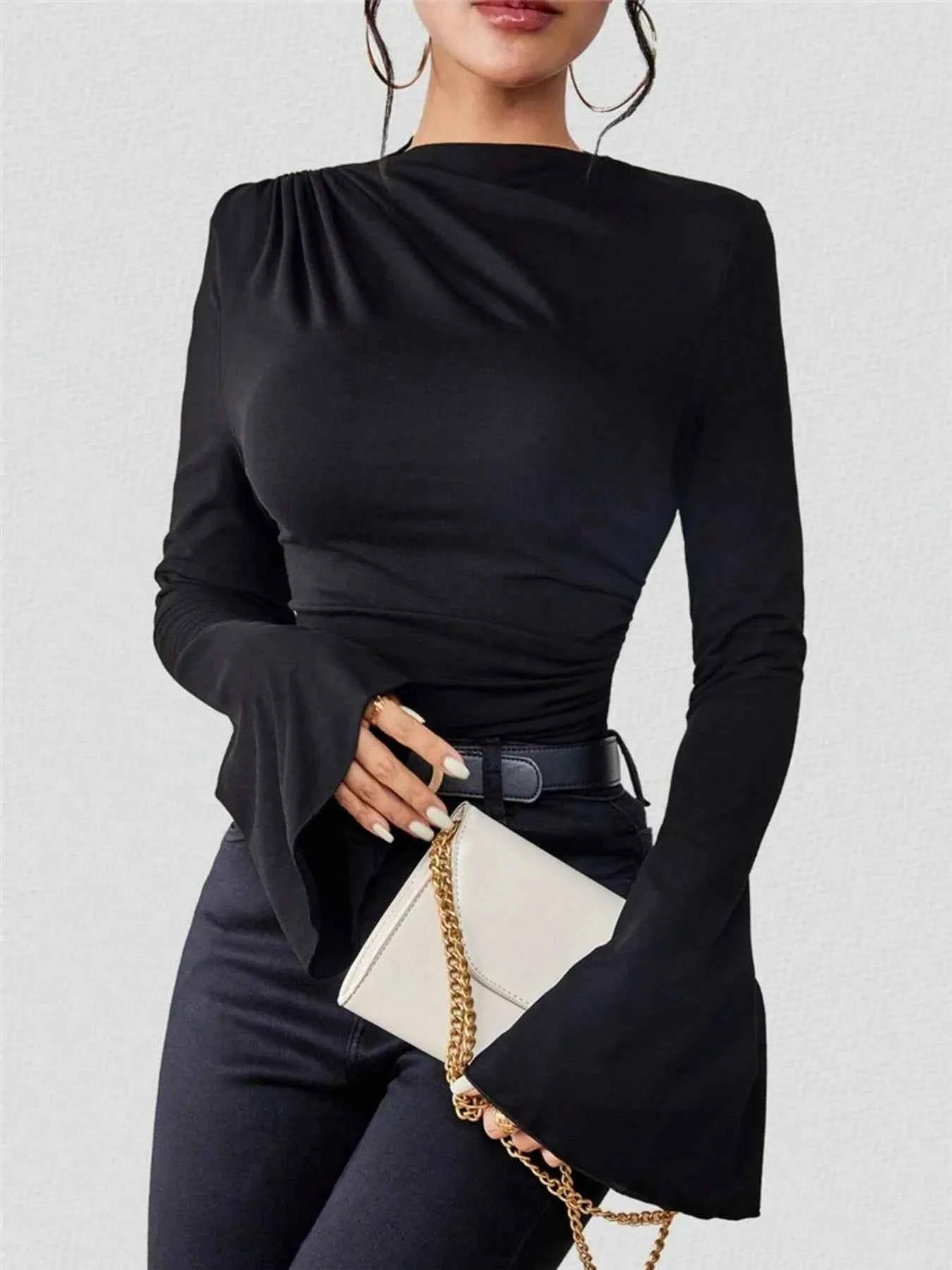 Bell Sleeve Ruched Fitted T-Shirt with Mock Neck