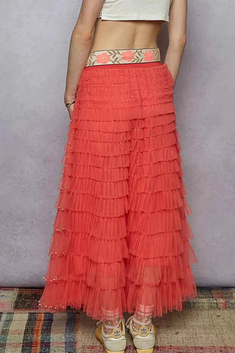 POL Tiered Ruffle Maxi Skirt with Pearl Decorative