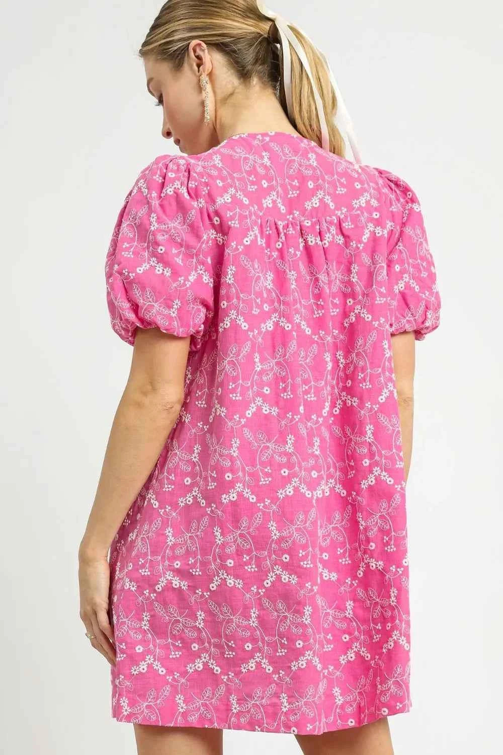 Umgee Floral Puff Sleeve V-Neck Mini Dress