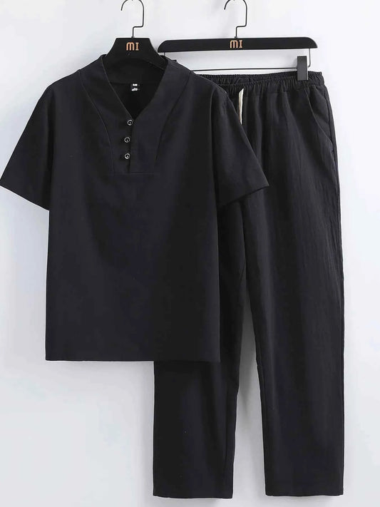 Men's Plus Size V-Neck Short Sleeve Top and Pants Set