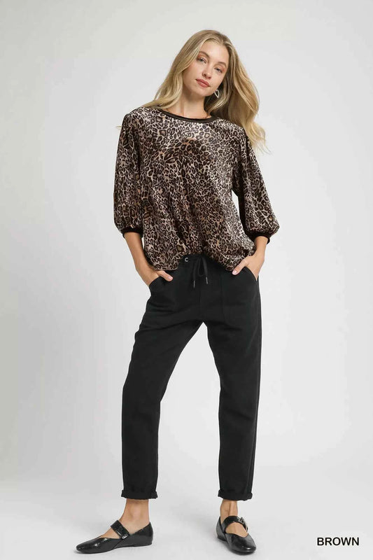 Umgee Leopard Round Neck Three-Quarter Sleeve Blouse