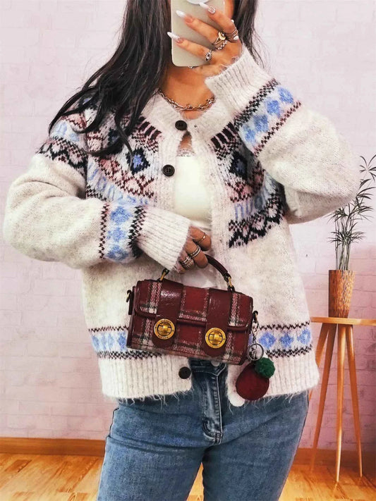 Geometric Pattern Button Up Long Sleeve Cardigan