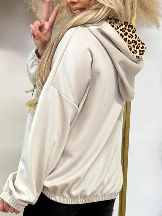 Leopard Trim Drawstring Long Sleeve Hoodie