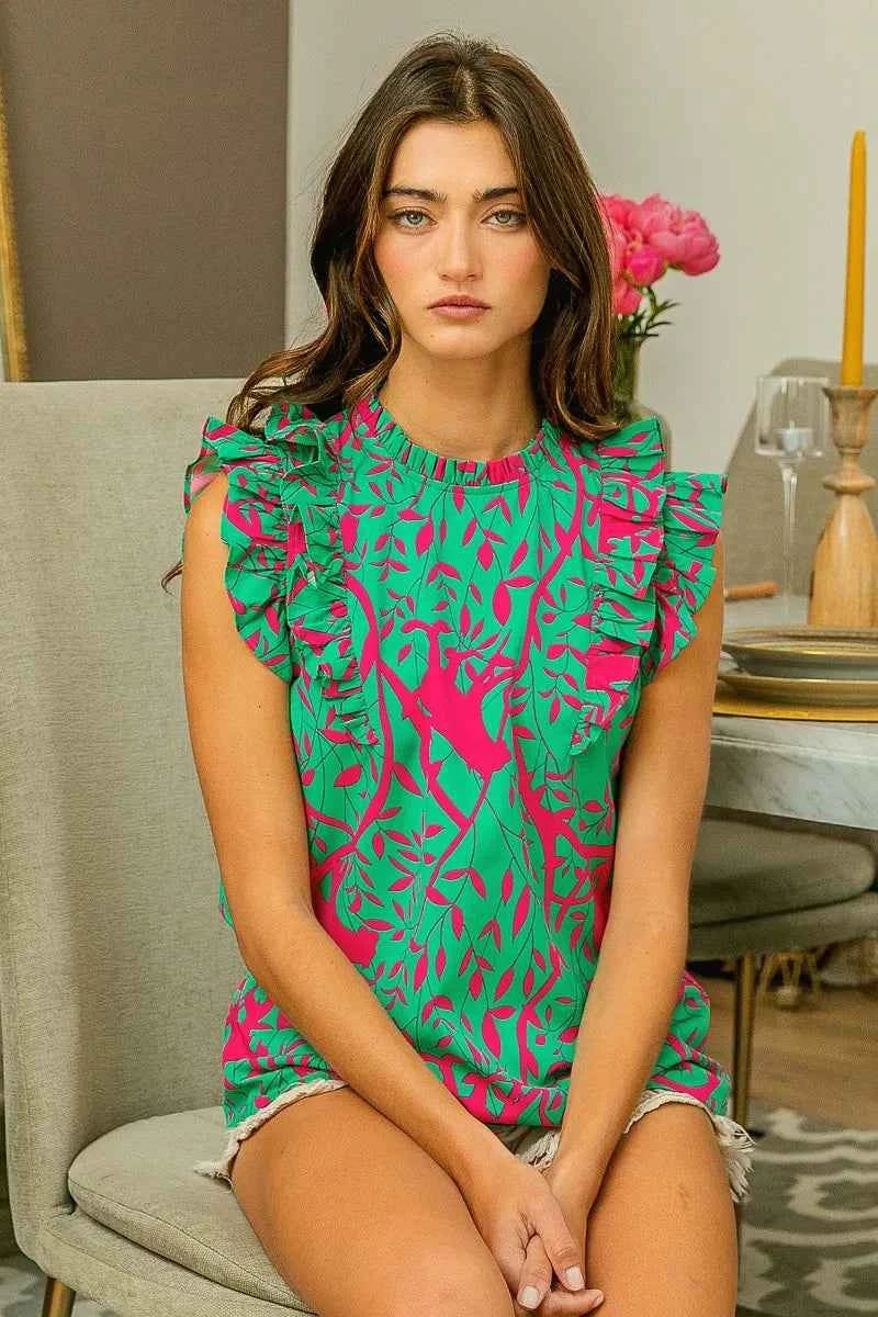 BiBi Leopard Leaves Print Woven Top