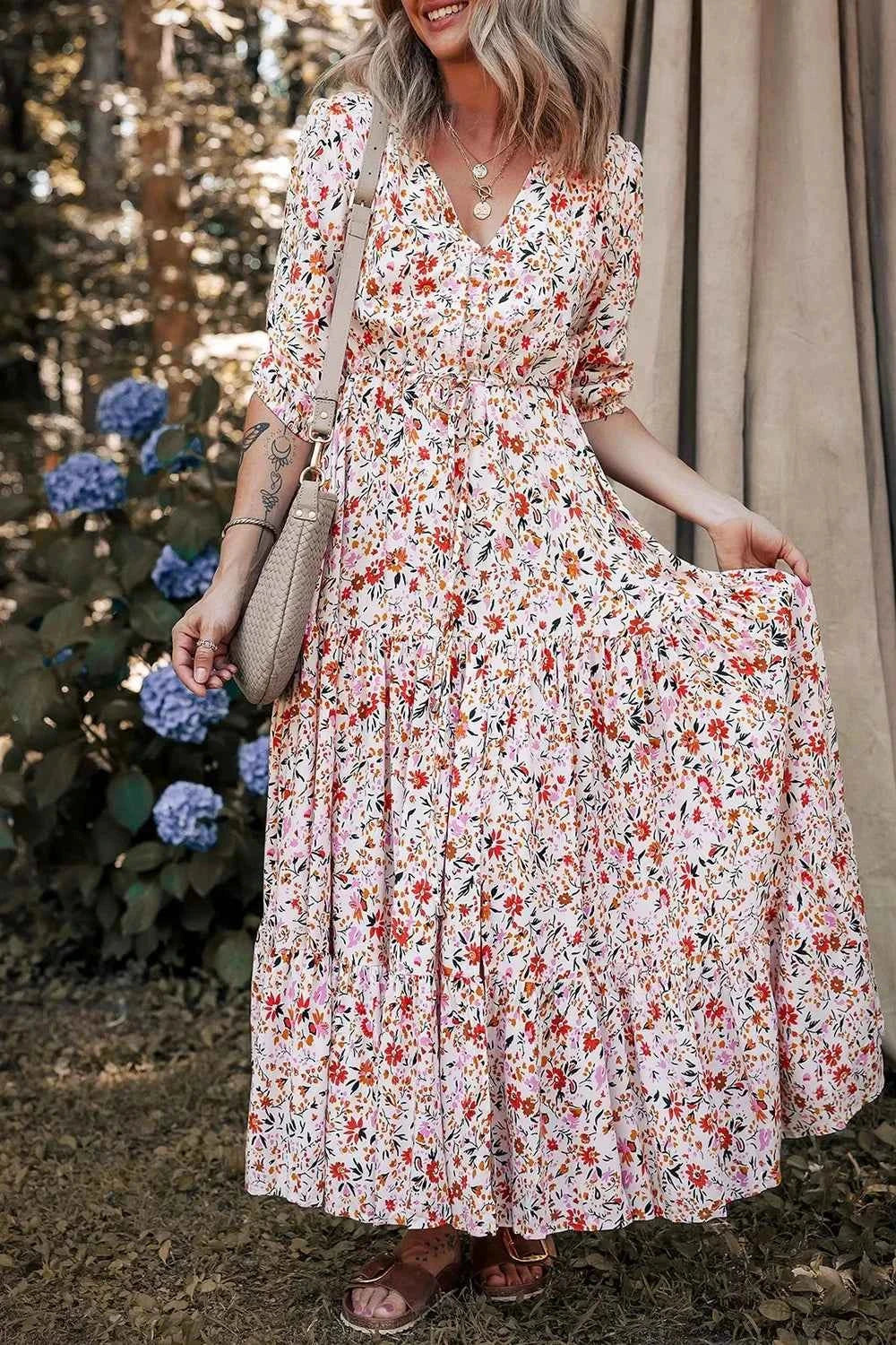 Boho Half Sleeve Floral V Neck Maxi Dress