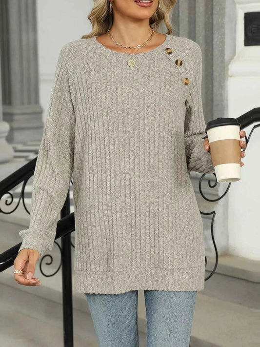 Round Neck Side Slit Ribbed Knit Top with Asymmetric Button Detail