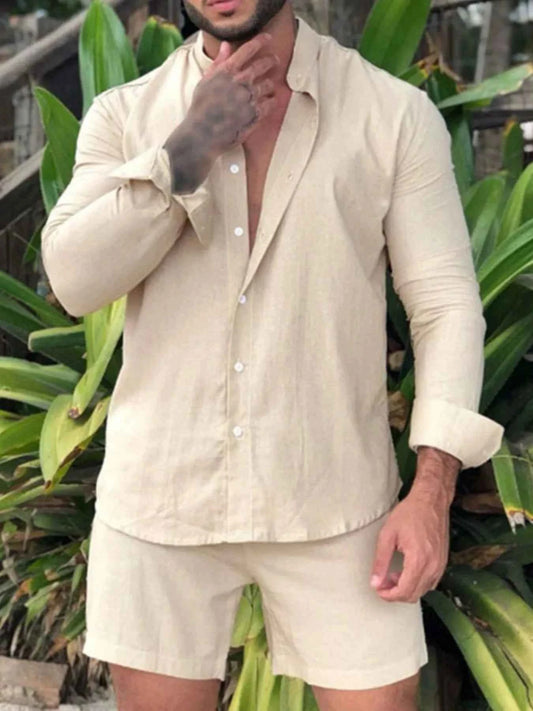 Men's Full Size Button Up Long Sleeve Shirt and Shorts Set Plus Size