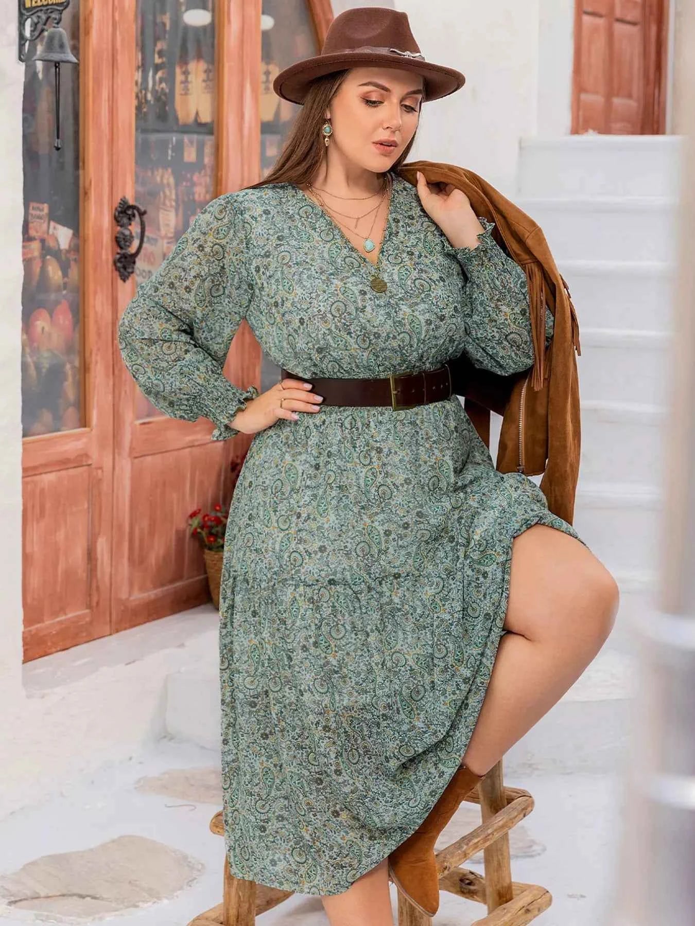 Plus Size Printed V-Neck Long Sleeve Midi Dress