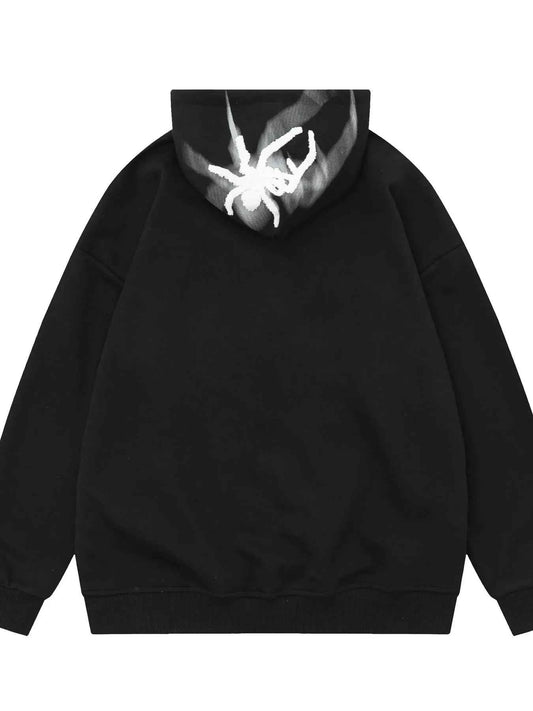 Men's Spider Graphic Oversized Hoodie with Side Button Details