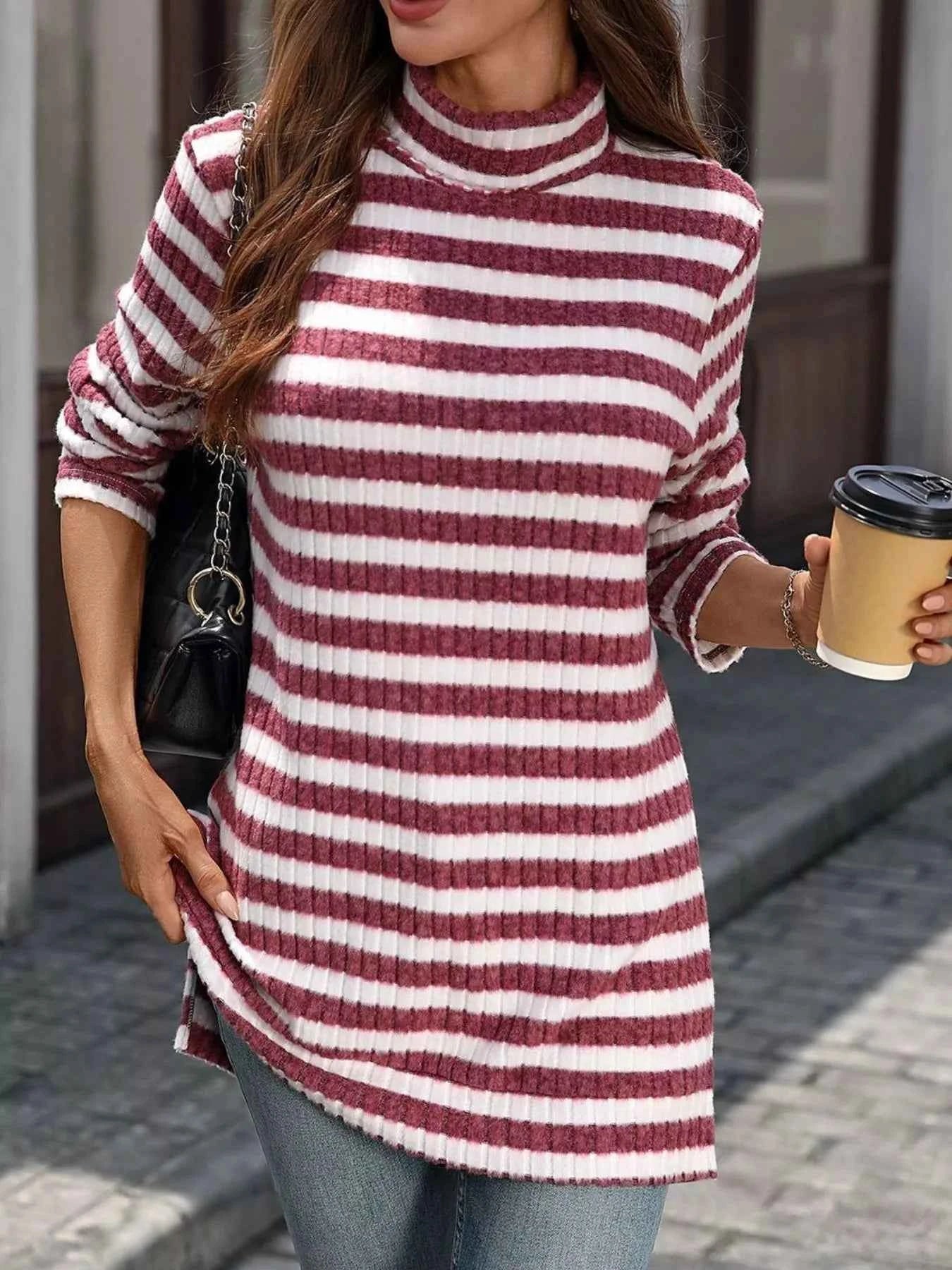 Striped Turtleneck Long Sleeve Knit Top