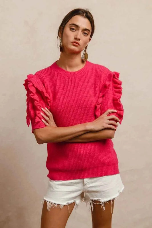 BiBi Ruffle Sleeve Ribbed Sweater