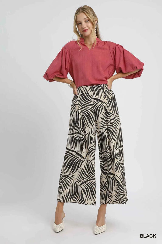 Umgee Palm Leaf Print Wide Leg Culotte Pants
