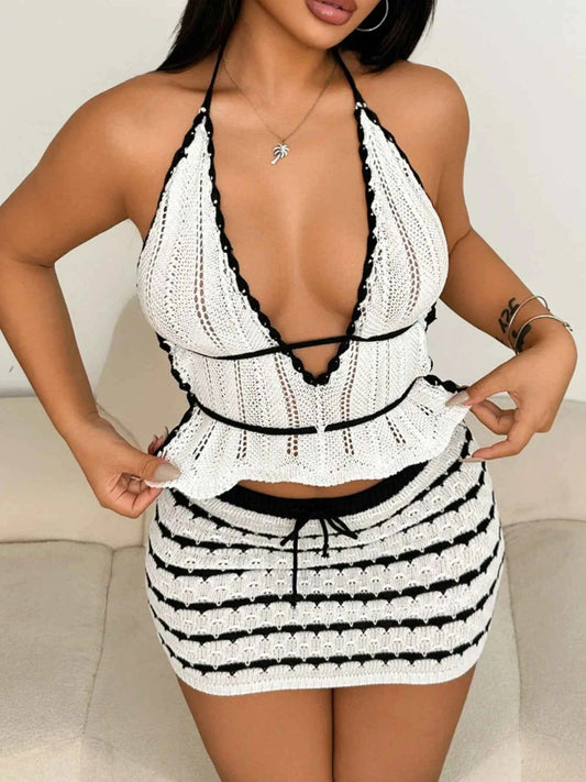 Openwork Halter Neck Cami and Skirt Sweater Set