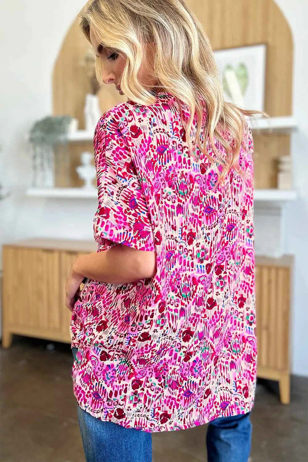 Double Take Full Size Printed V-Neck Short Sleeve Blouse