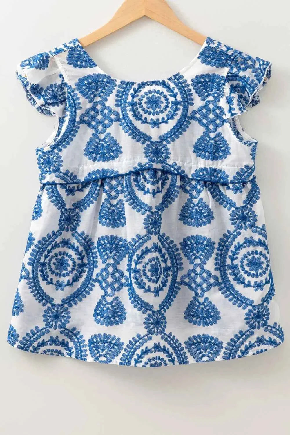 Boho Print Ruffled Cap Sleeve Crew Neck Blouse