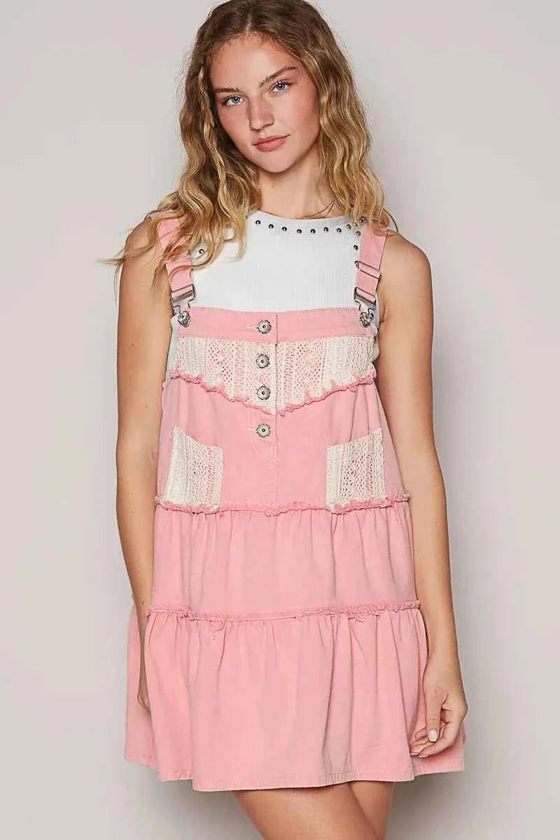 POL Lace Patchwork Detail Denim Overall Dress