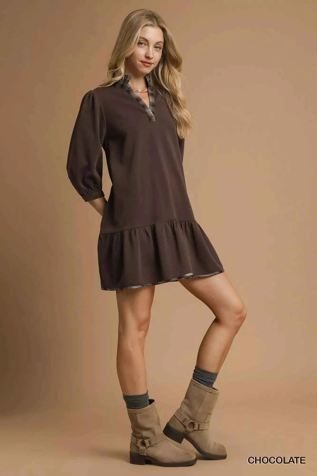 Umgee French Terry Ruffle Hem Dress with Plaid Trim