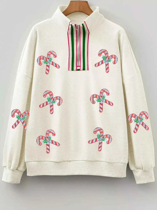 Sequin Candy Canes Contrast Collar Patchwork Loose Sweatshirt