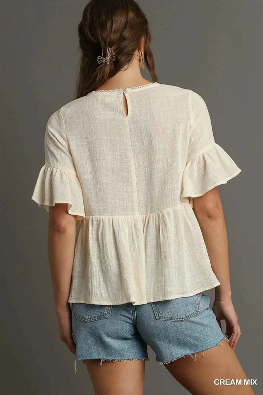 Umgee Floral Lace Trimmed Detail Half Sleeve Babydoll Top