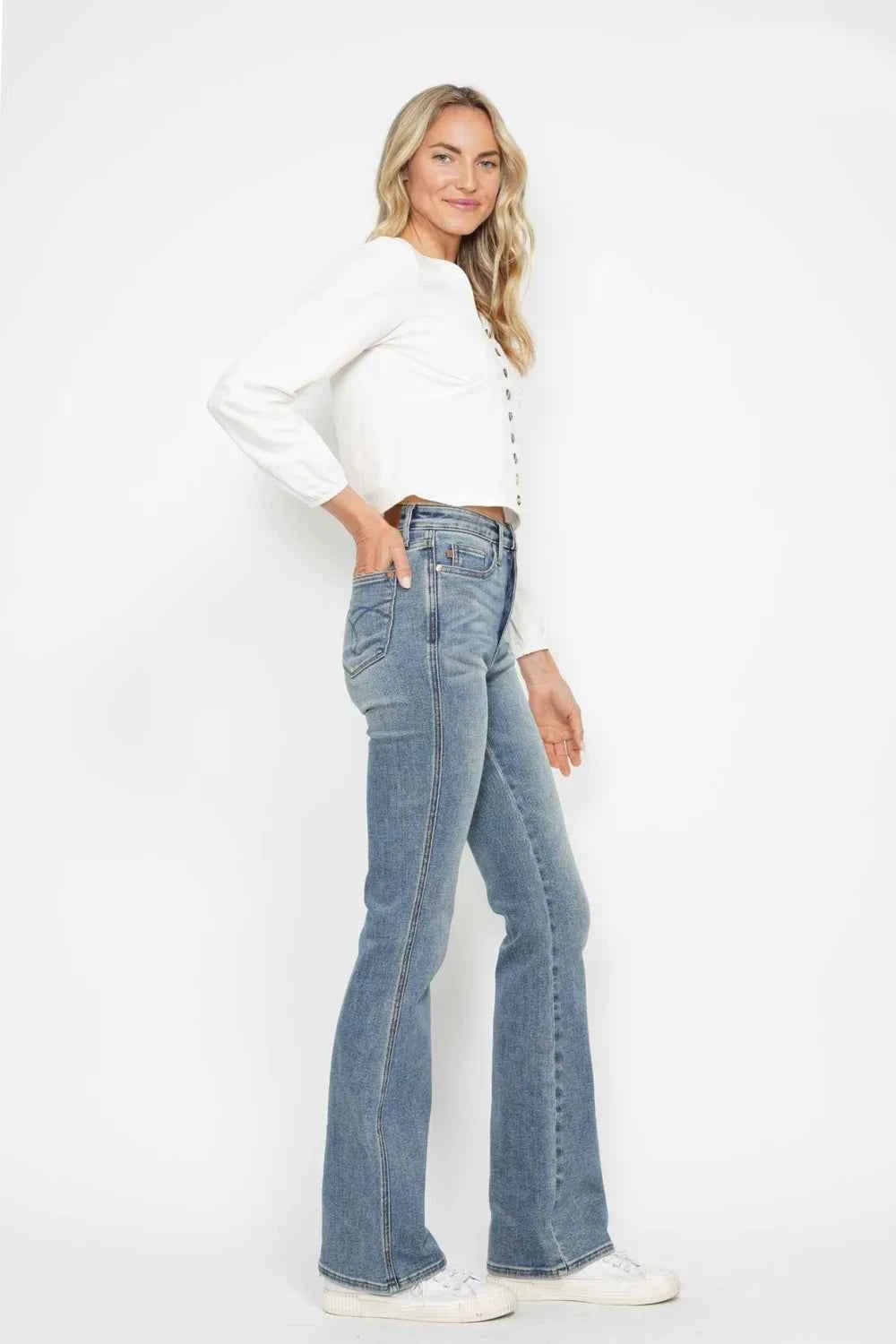 Judy Blue Full Size Tummy Control Back Embroidered Pocketed Bootcut Jeans Plus Size