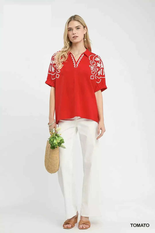Umgee Floral Embroidered Sleeve Blouse