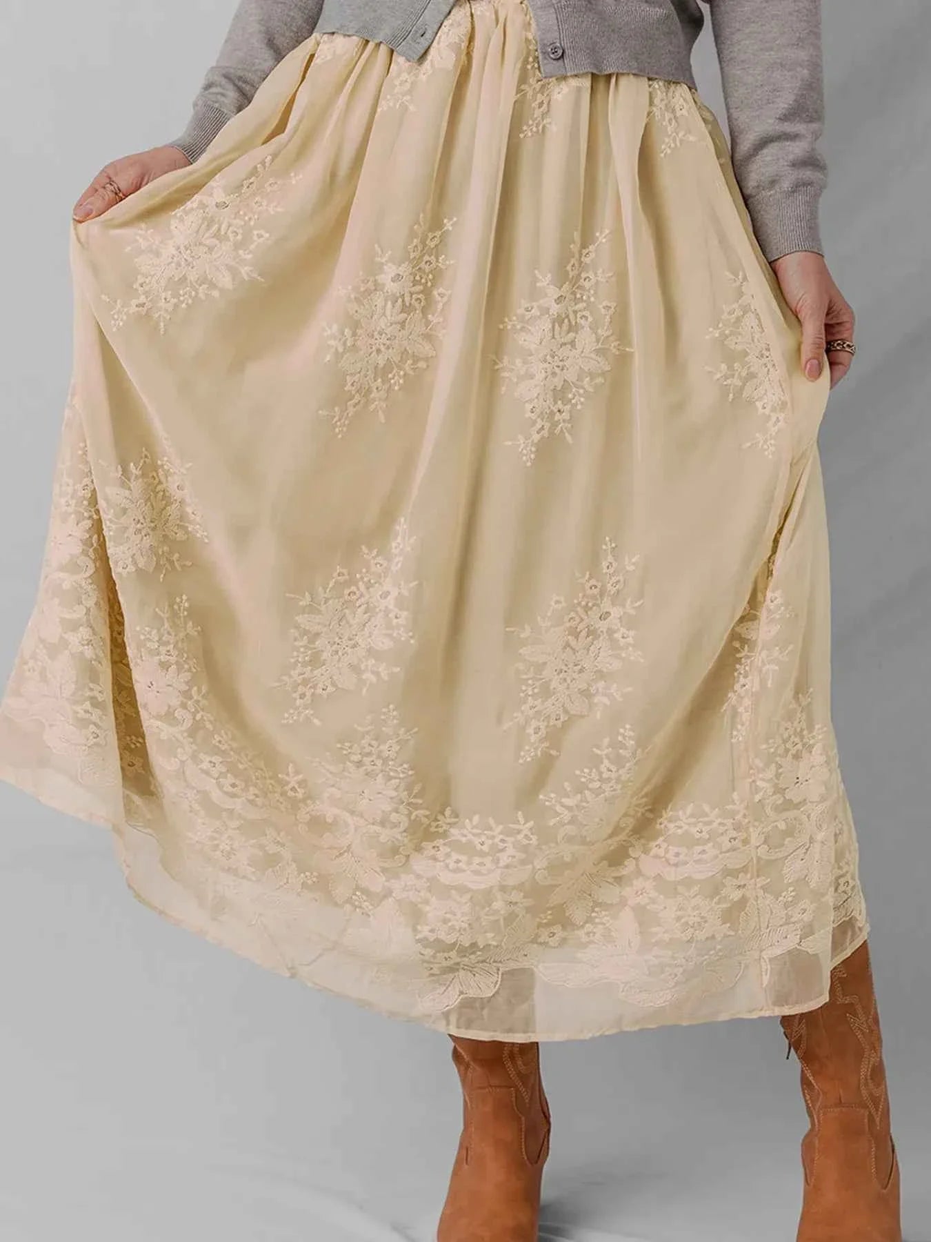 Embroidered Mesh Overlay Flowy Midi Skirt