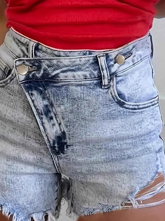 High Waisted Distressed Denim Shorts with Frayed Hem