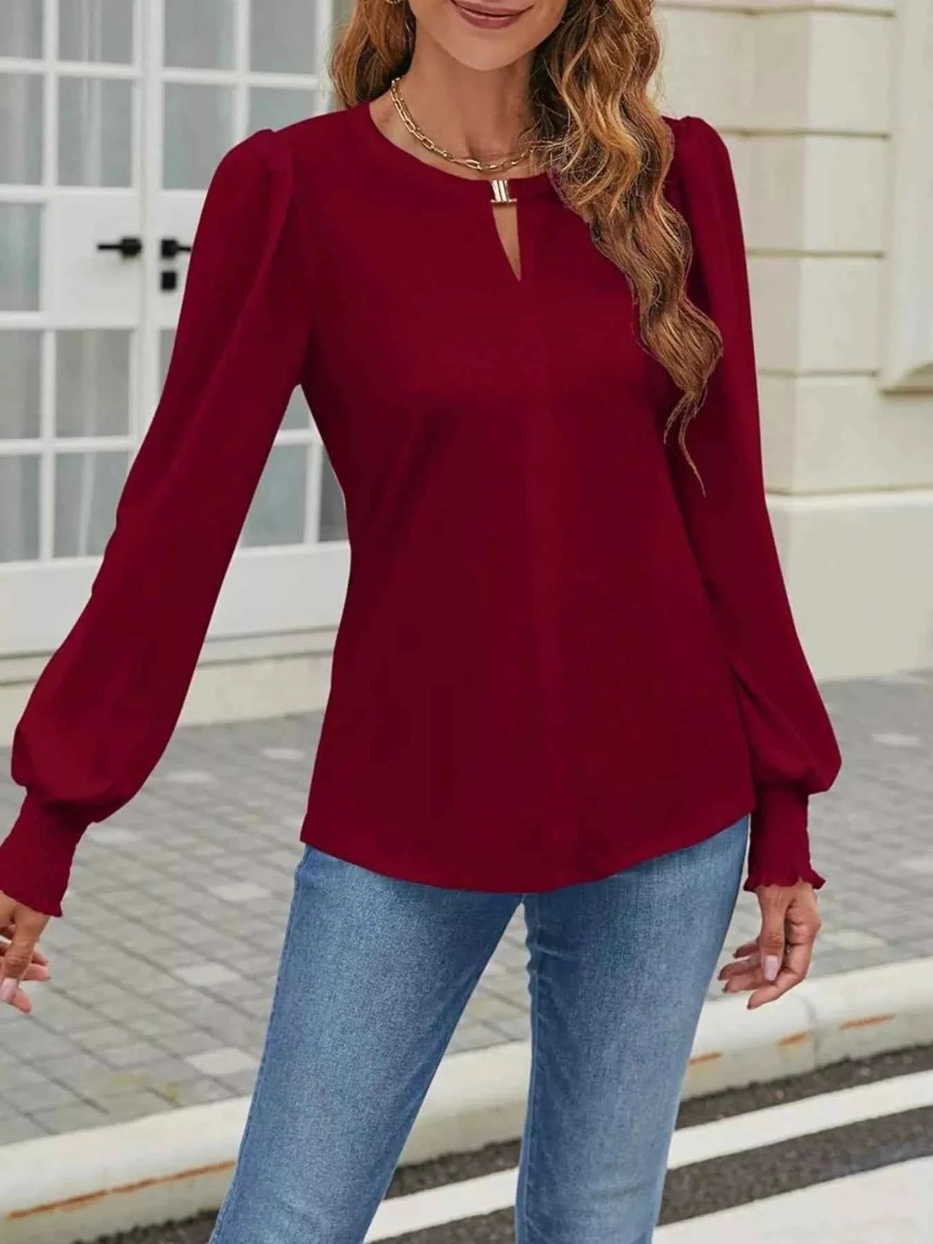 Long Sleeve Keyhole Neck Blouse