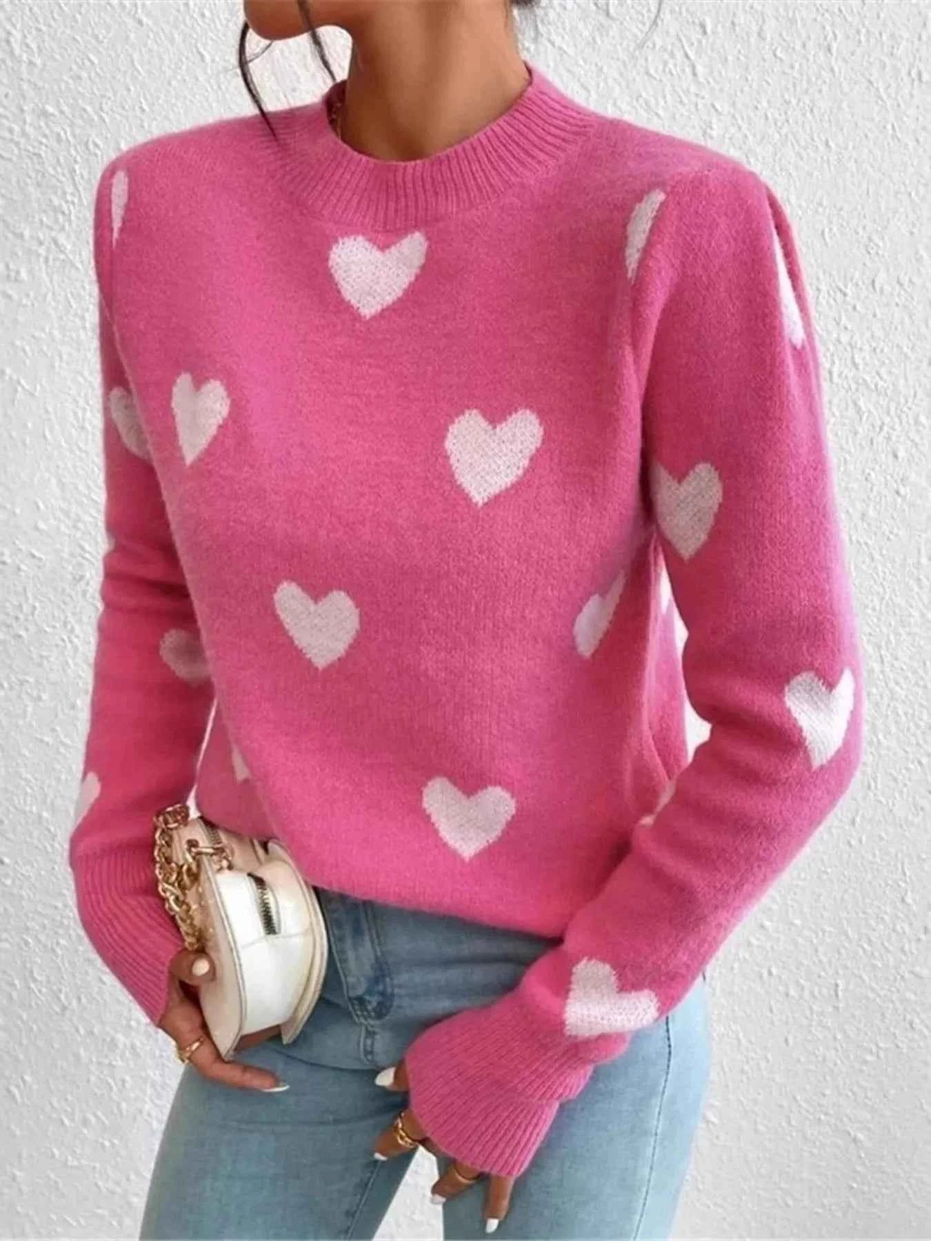 Heart Pattern Round Neck Sweater