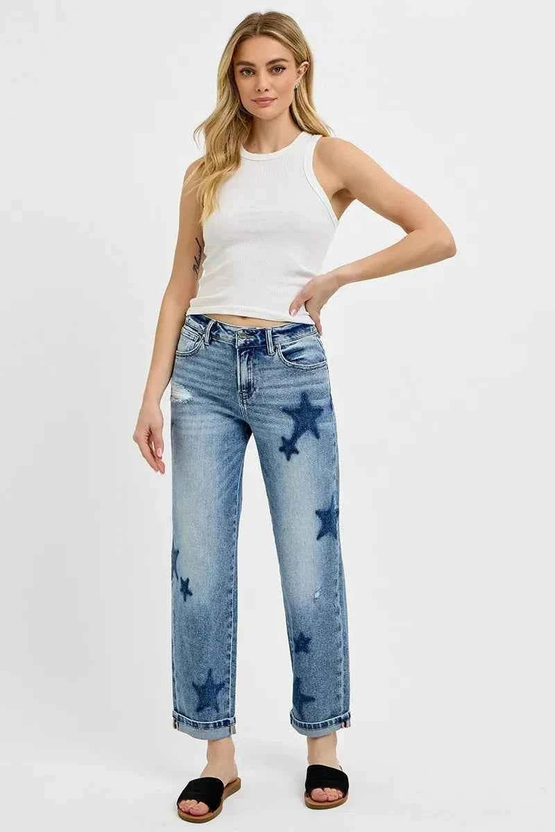 RISEN Full Size Mid Rise Boyfriend Star Shadow Detail Cuffed Jeans Plus Size