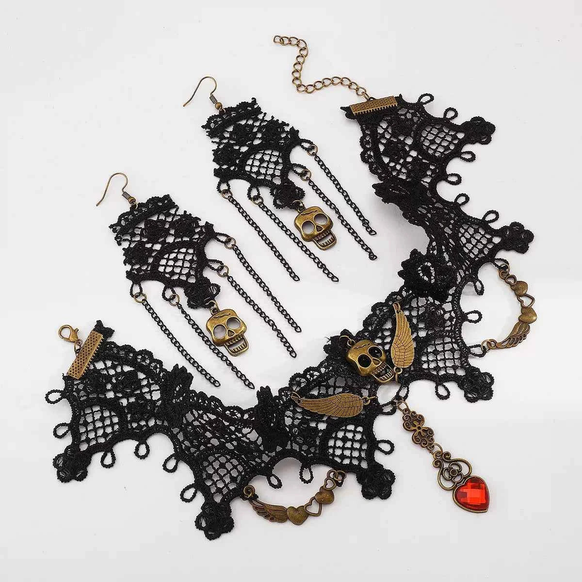 Halloween Lace Skull Necklace and Earrings Jewelry Set