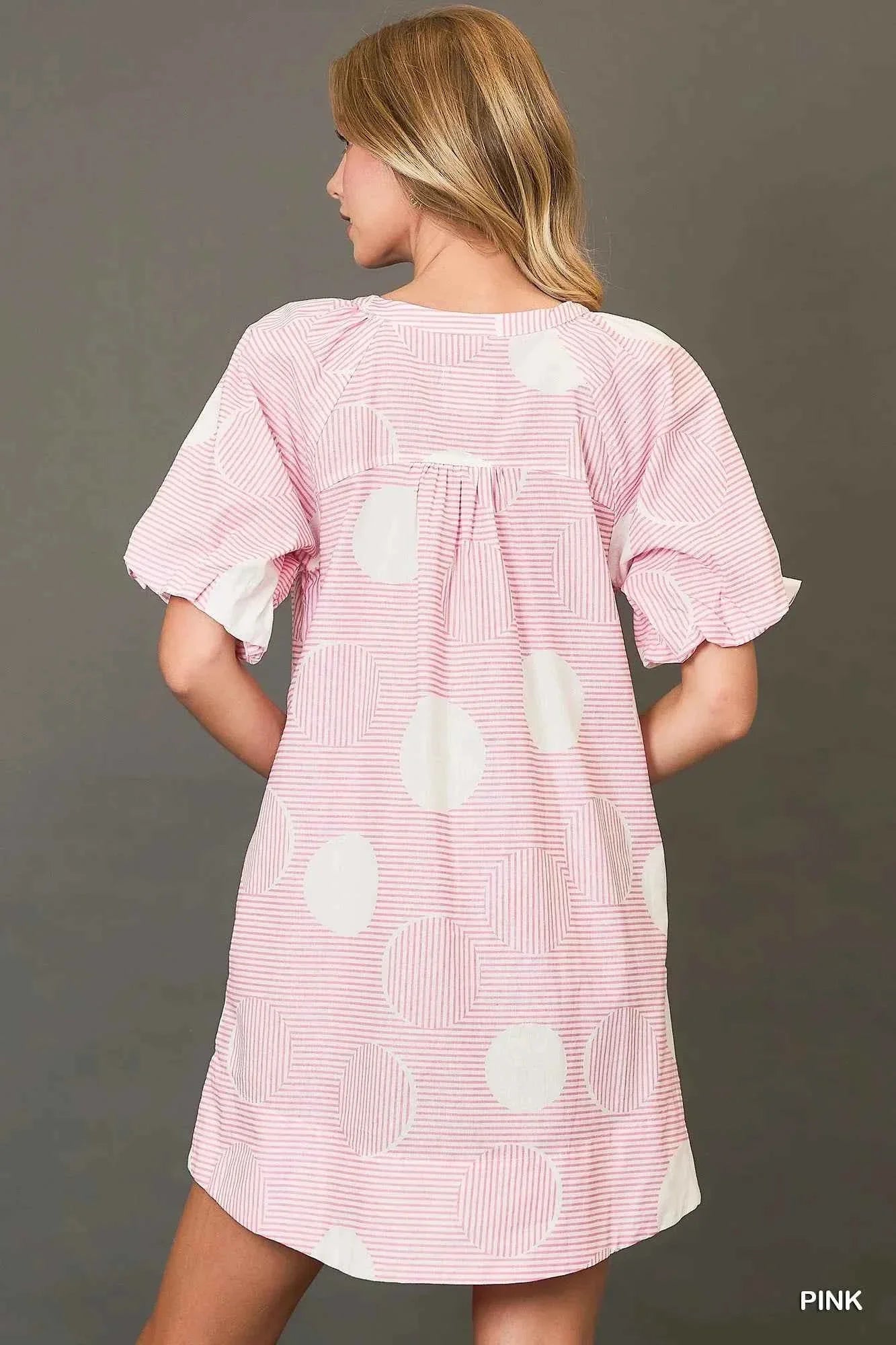Umgee Stripe and Dot Print Button Down Puff Sleeve Mini Dress