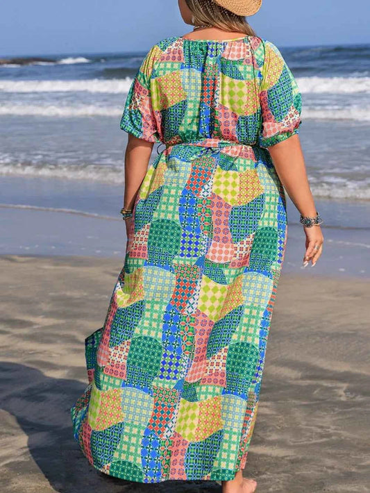 Plus Size Tied Printed Round Neck Maxi Shirt Dress