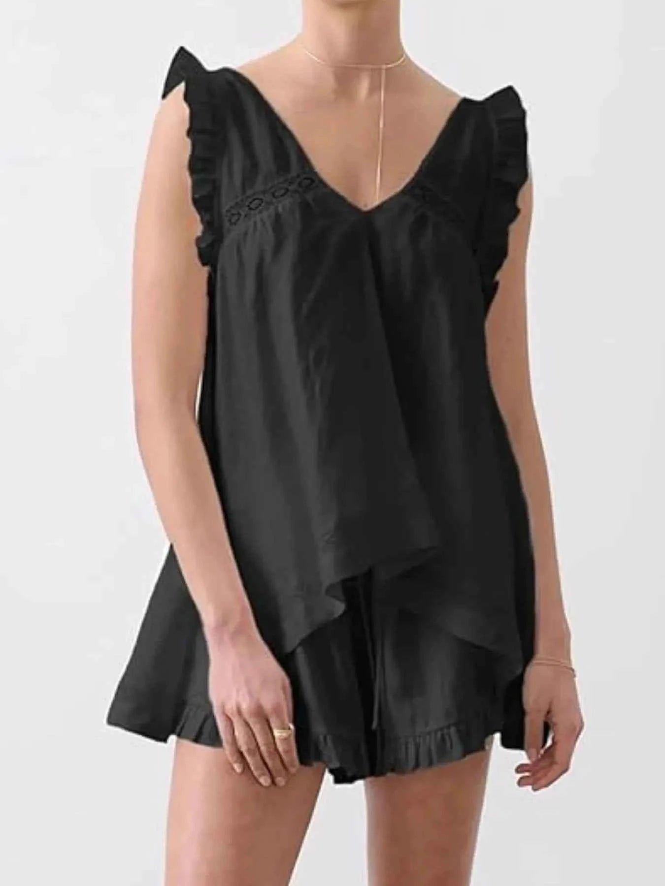 Ruffled V-Neck Top and Shorts Set