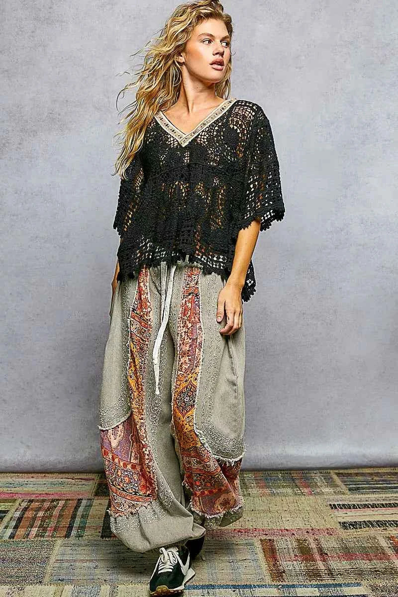 POL V-Neck Crochet Top with Scalloped Hem