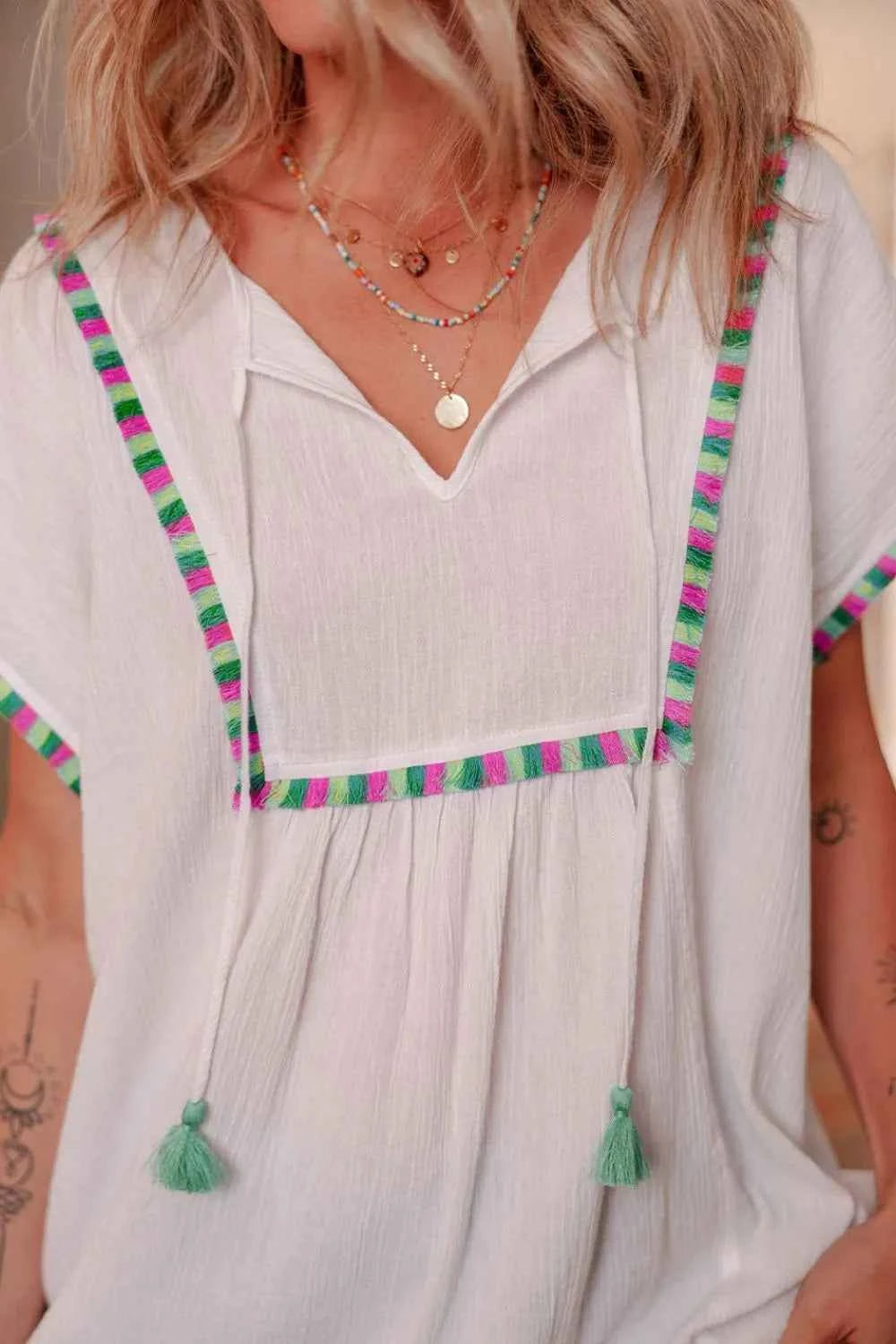 Tassel Tie Neck Short Sleeve Blouse