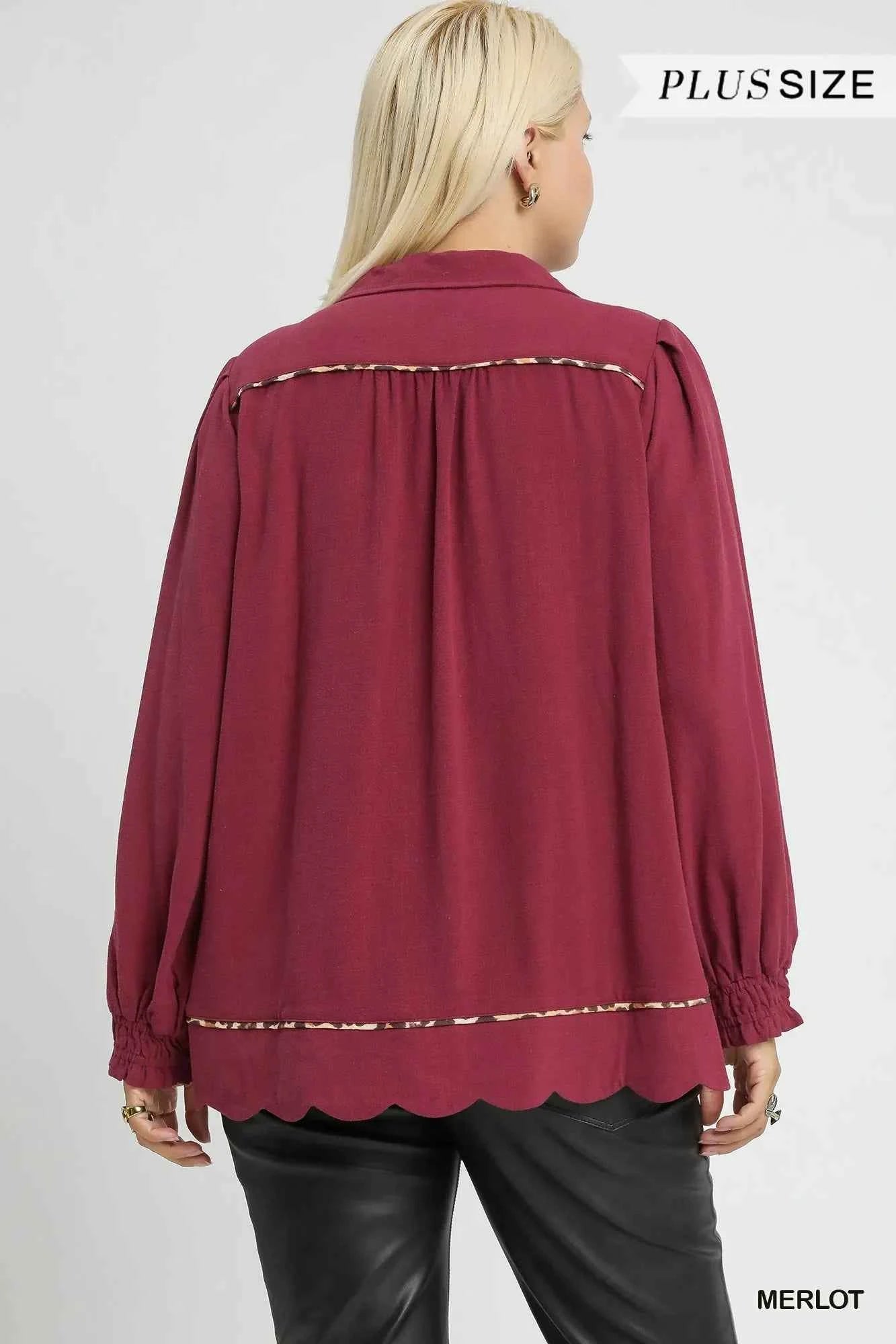 Umgee Full Size Linen Scallop Hem Blouse with Contrast Trim Plus Size